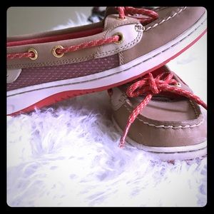 Tan Sperry Boat Shoes With Orange Accents